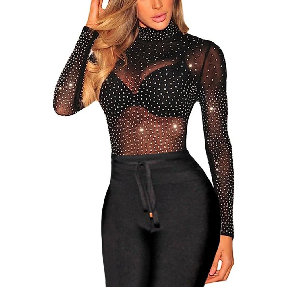 Mesh Tops Glitter Sparkle Rhinestone Sheer Bodysuit Blouse, SIZE 16, 9F-167T006